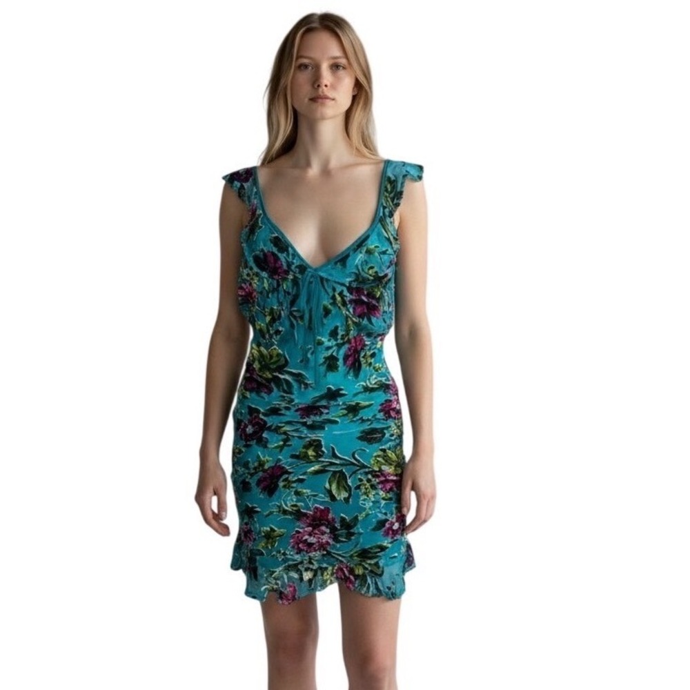 Rat & Boa Teal Floral Silk Mini Dress Open Back Ruffle Trim XS Bohemian